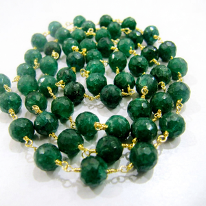 Emerald Round faceted 6mm Beaded Chain Dyed Emerald Corundum Beads Wire <b>Wrapped</b> Chain - Product Image 1
