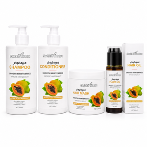 Ensemble de soins capillaires à l'extrait de <span class=keywords><strong>papaye</strong></span> biologique naturel 4 en 1 Shampoing lissant Après-shampoing <span class=keywords><strong>Masque</strong></span> capillaire et kit de traitement à l'huile essentielle - Product Image 1