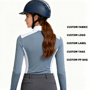 Camisa de equitación para mujer, manga larga, con botones frontales, cuello polo, abertura lateral, contraste blanco, deportiva, para competición ecuestre. - Product Image 2