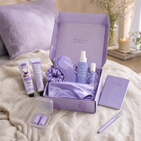 Coffret Cadeau Bien-être Personnalisé Thème Lavande : Masque de Nuit, Taie d'Oreiller, Chouchou, Huile en Spray, Carnet, Boîte Cadeau Personnalisée