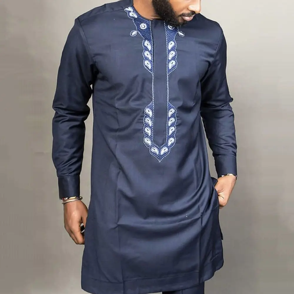 S-4XL Jugend Freizeit Bestickte Baumwolle Rundhals ausschnitt Marineblau African National Style Herren Shirt Streetwear