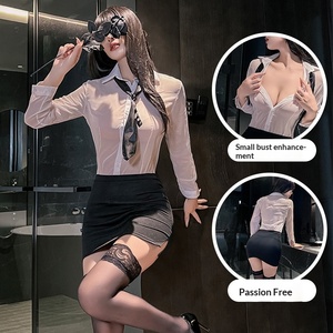 Completo intimo sexy bianco con bottoni, camicia aderente in poliestere, uniforme da segretaria, pigiama seducente e provocante per insegnanti - Product Image 1