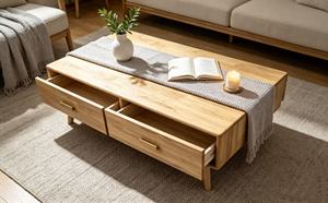 Minimalist Nordic Solid Oak Coffee <b>Table</b> with 2 Storage <b>Drawers</b> for Living Room - Product Image 6