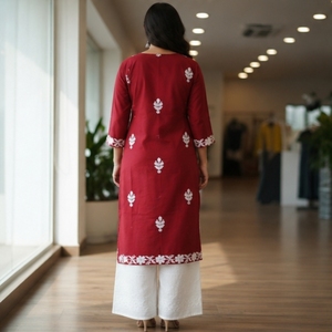 Conjunto de Kurta de Algodón Rojo Bordado de Diseñador para Mujer, Ropa Étnica, Kurti Recto, Traje Palazzo, Vestido Tradicional - Product Image 2
