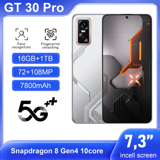 GT 30 Pro 5G Smartphone 16GB+1TB Extra Storage 7.3" Screen for Live Streaming & Vlogging