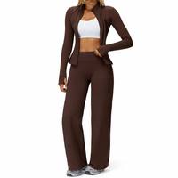 Ensemble de fitness 2 pièces en polaire pour femme : veste zippée coupe-vent et pantalon long à taille élastique, jambe large, col montant, pour course en extérieur et gym