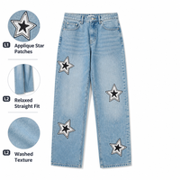 Jeans en denim bleu clair pour homme, coupe décontractée, avec appliques en forme de quatre étoiles