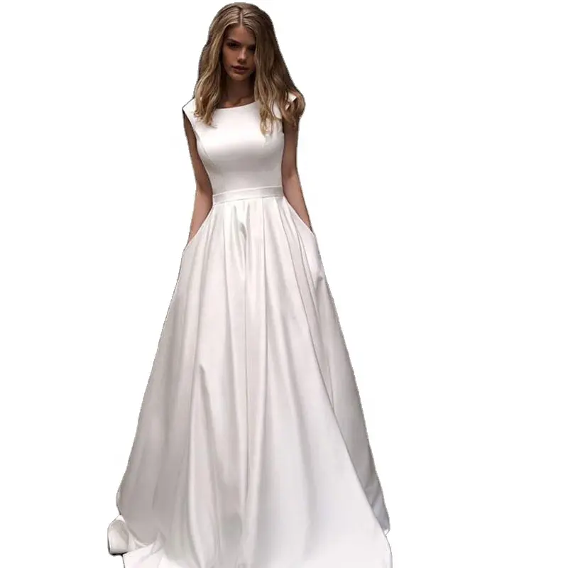 Vestido de novia de satén blanco con cinturón, elegante, largo hasta el suelo, sin mangas, con cremallera en la espalda, 2020