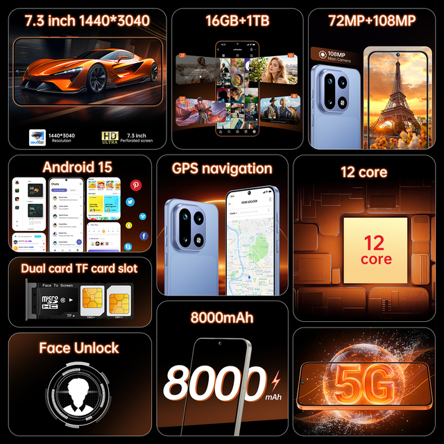 Budget OP15 5G Smartphone 7.3" 16+1TB Snapdragon8 Gen3 108MP Camera Android 15.0 Factory Price Worldwide Shipping