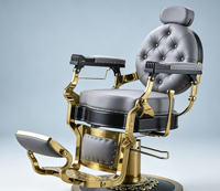 Fauteuil de Barbier Rétro Exquis avec Accents Dorés, Décor Riveté, Capitonnage Gris, Pivotant Hydraulique et Inclinable pour Salon de Coiffure