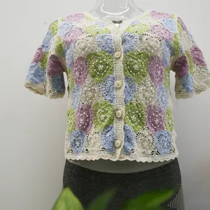 Customized FNJIA Ladies Handmade Crochet Sweater short sleeve v-neck fashion summer Women's Cardigan Sweater