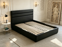 Lit convertible en cuir noir et métal, réglable, avec tête de lit capitonnée à cannelures profondes, plateforme de rangement relevable, taille King/Queen