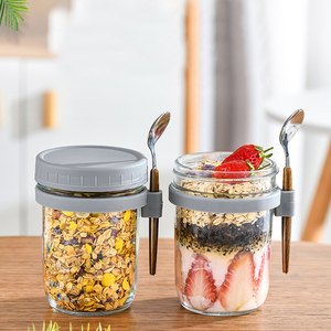 Pot en verre élégant pour petit-déjeuner avec cuillère, idéal pour les flocons d'avoine, le yaourt, les salades, les smoothies et le lait - Product Image 2