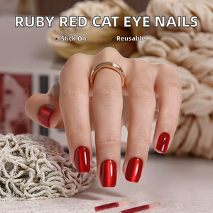 Ensemble de faux ongles carrés œil de chat rouges à coller, cadeau pour la Saint-Valentin - 32 faux ongles réutilisables, 16 tailles, pré-conçus à coller avec de la colle - Product Image 2