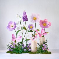 Grande Composition Florale en Papier Finie, Décoration Scénique de Fleurs Artificielles Violettes, Installation Artistique 3D Papillon du Jardin de Monet