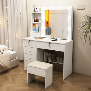 Modern Lighted Makeup <strong>Vanity</strong> <strong>Table</strong> and Mirror with Panel Design MDF Wood and Metal Bedroom Furniture for Home - Product Image 2