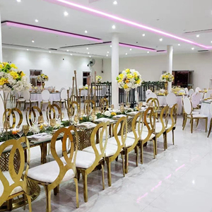 Double Couche En Verre À Manger Dragon Mart Dubaï Goutte Feuille Et Chaises Eero <span class=keywords><strong>Saarinen</strong></span> Tulipe Électrique Ensembles de Salle de Banquet Élégante <span class=keywords><strong>Table</strong></span> - Product Image 4