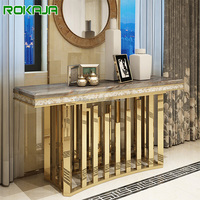 Table console en acier inoxydable doré à vendre, table console rectangulaire de luxe avec plateau en marbre, décoration de coquille, tables d'entrée