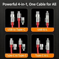 Kabel Pengisi Daya Mobil 240W 4-in-1 Retractable Spring Super Fast Charge Carplay Data Cord USB-A Type-C L untuk iPhone Android