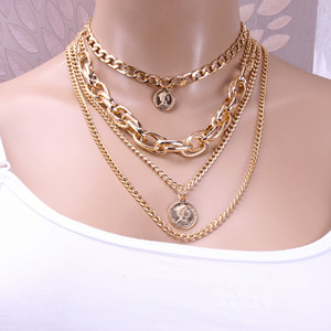 Collar de cadena de varias capas dorado con colgante de moneda para mujer, uso diario, joyería de aleación de zinc - Product Image 2