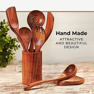 Cucharas y espátula de madera de teca, utensilios de cocina naturales antiadherentes, juego de utensilios de madera para cocinar con soporte - Product Image 3