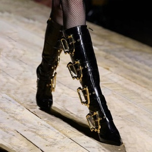 Strange Custom Heels Gold Metal Buckles Women <b>Knee</b> <b>High</b> Boots Side Zipper Stage <b>High</b> Heels Shoes Dress Black Short Booties - Product Image 3