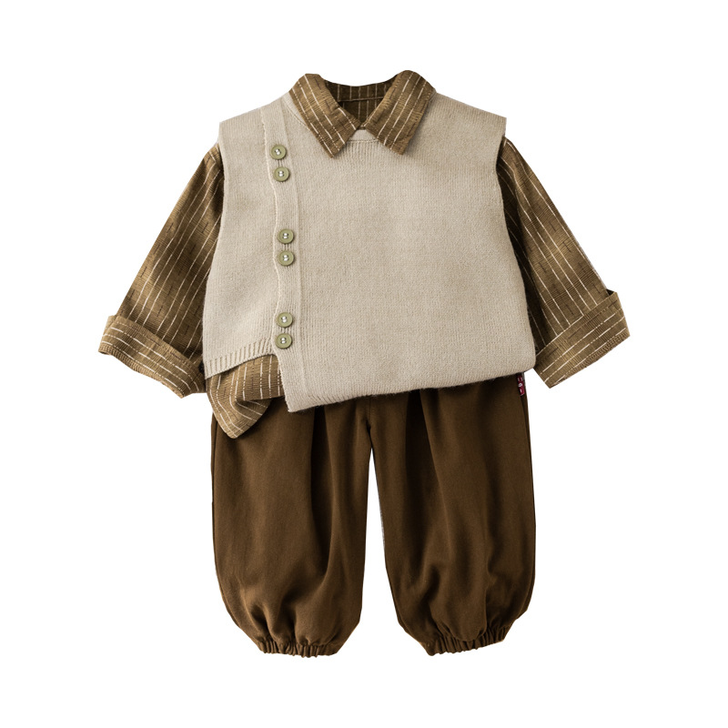 2025 New Boys' Casual Three-Piece Set Long Vertical Striped Cotton Sweater Vest Shirt for Spring Summer Newborn Baby Clothes