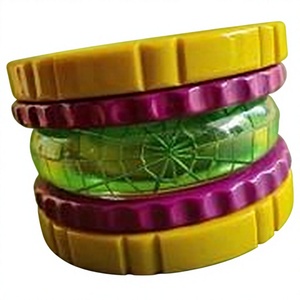 Classic Round Carved Resin <b>Bangle</b> Set in Stylish Bracelet Purple Green Cream Floral Pattern Artistic Design Craft Party Woman - Product Image 4