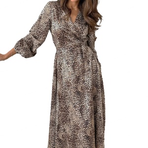 Vestidos Midi de Satén con Estampado de Leopardo para Otoño, Cuello en V, Manga Farol, Estilo A-Line, Venta al por Mayor, Personalizados OEM ODM - Product Image 4