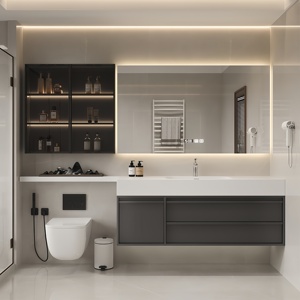 Modern Minimalist Floor Standing Solid Wood Bathroom Cabinet Combo Toilet Extended Vanity Sintered Stone Wash Basin - Product Image 1