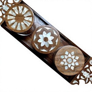 Handmade Wooden Coasters With Mother Of Pearl Inlay Flower Design For Home Decoration <b>Circle</b> Shape Carved Craft - Product Image 1