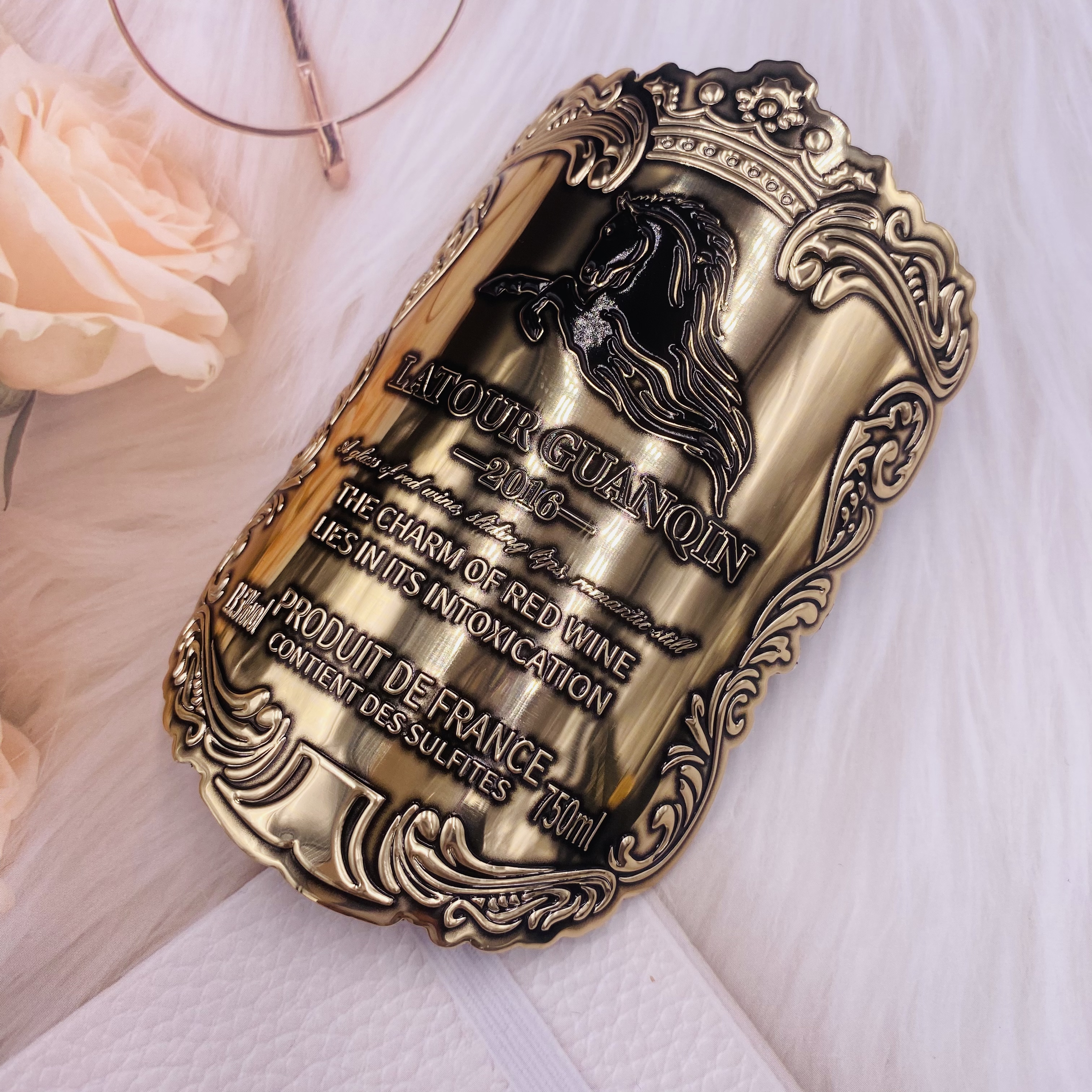 Aluminum Embossed Wine Bottle Labels Metal Stickers Aluminum Curved Wholesale Waterproof Badges Custom Adhesive Sticker Accept