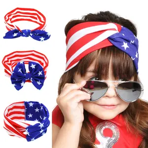 Wholesale Customized Simple Silk American Flag Knotted Printed Independence Day Skin Care Hair Bands for Unisex