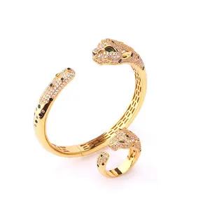 Leopard Head Gold Plated And Platinum Color Diamond-Encrusted Bracelet Leopard Ring