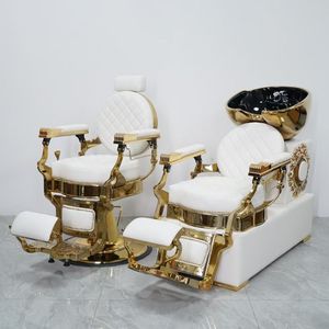 <b>Portable</b> Ceramic Basin Stainless Steel Gold Shampoo <b>Bed</b> Semi-reclining Shampoo Chair with Adjustable Footrest for Barber Shop - Product Image 4