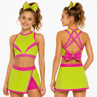 Set Bra Cheer Bra Custom, Atasan dan Rok Cheerleading, Neon Lime Green, Hot Pink, Rhinestone, Panel V, X Back, Pita, Set Latihan Cheer