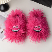 Pantoufles douillettes vertes pour femmes, motif monstre, en peluche longue et bouclée, avec visage de monstre de dessin animé mignon, à enfiler, chaudes, pour l'intérieur