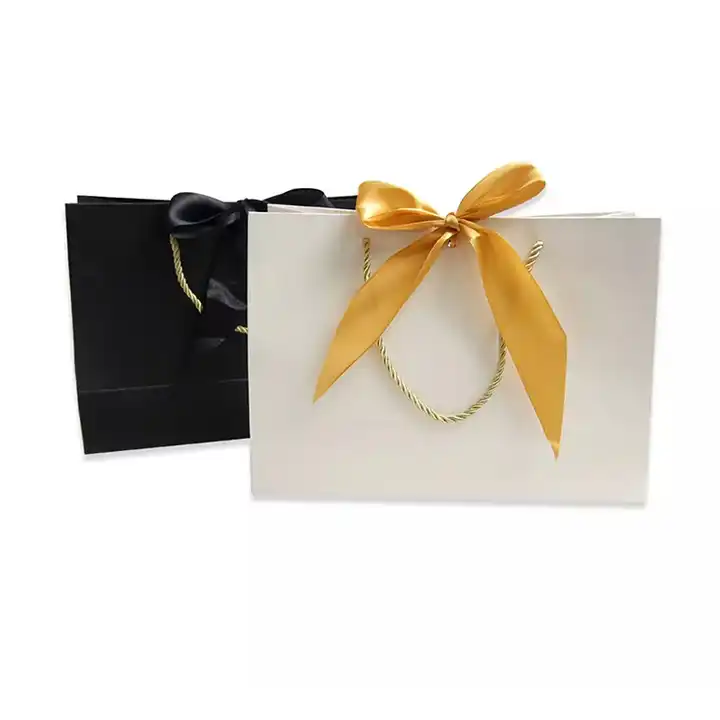 Premium Quality Black Paper Gift Bags with Gold Bow Ribbon – Pack