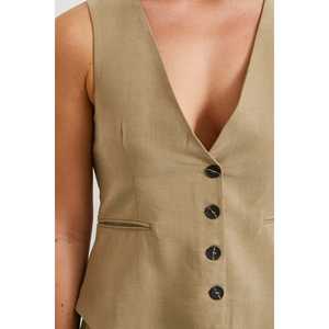 Chaleco de Lino y Algodón para Mujer, Color Caqui, Transpirable, Ropa Exterior - Product Image 2