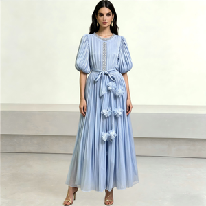 Abito Modesto Blu Cielo alla Moda per Donne, Maniche a Sbuffo, Paillettes, Raso Lucido, Maxi Elegante per Feste e Uso Quotidiano, Vestito Casual Comodo - Product Image 1