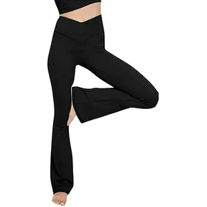 Dropshipping tekstil cetak celana crop celana panjang olahraga Gimnastik silang pinggang tinggi celana Yoga LEGGING Buka kaki menyala