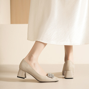 5688C-176 Suede Pumps Square Toe <b>Block</b> Heel Rhinestone Decor Korean Style Women's Shoes - Product Image 1