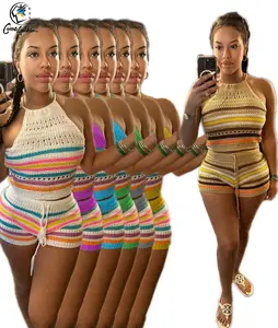 Summer Hot Selling 2023 Knitting Bac kless Women Suits Colorful Streetwear Women Two Piece Shorts Set