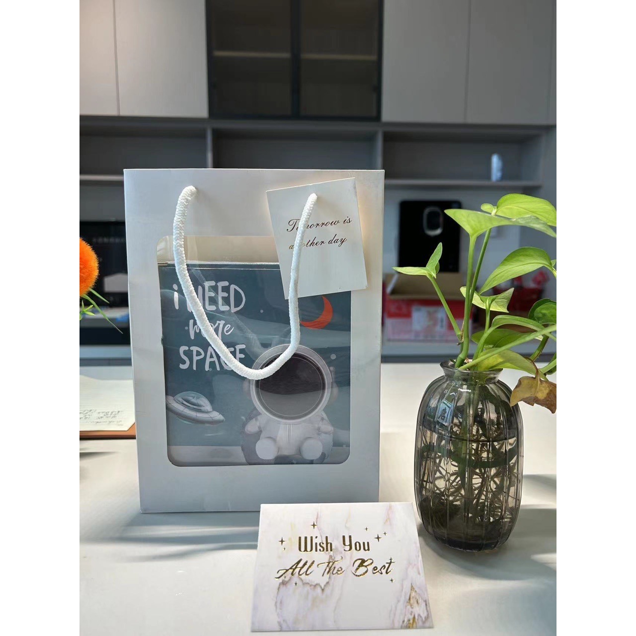 Sac cadeau gris assis