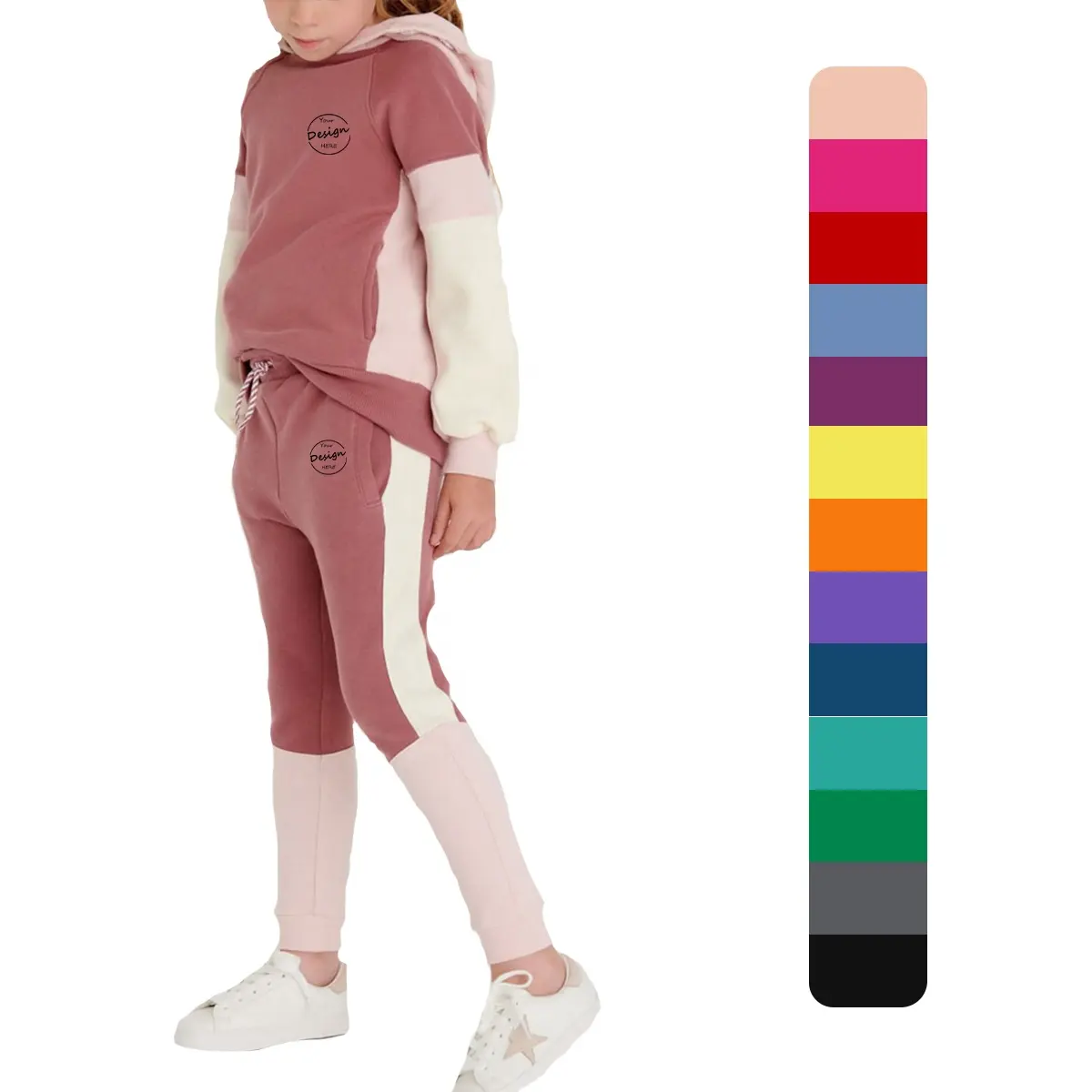 Hot Selling New Spring Customize Girls Soft Touch Cotton Color Block Sweat Tracksuit For Girls Embroidery Logo Tracksuit Sets