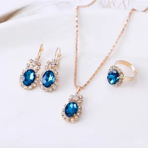 Cheap Dubai Bridal Wedding Jewelry Set Three-Piece Round Oval Pendant Crystal Necklace Earrings Ring Set