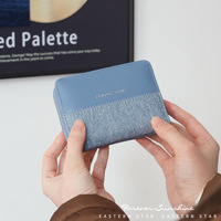 Denim Patchwork Fashion Klasik Gaya Korea Dompet Wanita Multifungsi Lintas Batas Pola Geometris Lipat Dua Poliester