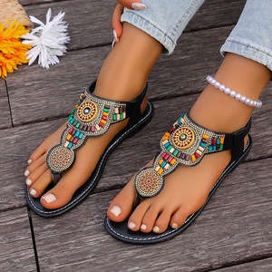 Women Bohemian Beaded Flat <b>Sandals</b> <b>Elastic</b> Ankle Strap Clip Toe Summer Beach Casual Footwear - Product Image 4