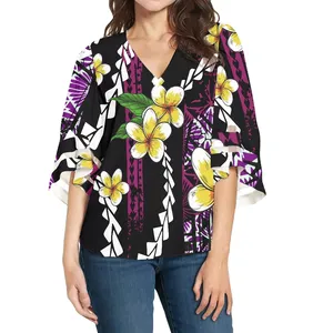 Customized Polynesian Purple Texture V-neck Lace Edged Chiffon Top For Ladies Polynesia Plumeria Printing Chiffon Blouse Women