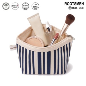 Striped Trapezoid Makeup <b>Bag</b> <b>Navy</b> and Cream Stripe Canvas Cosmetic Pouch Ecru Edge Zipper Custom Logo OEM ODM - Product Image 1
